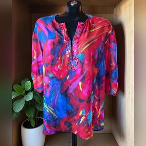 Peter Nygard Red Blue Purple Vibrant  Beaded Semi-Sheer Tunic Blouse Size L